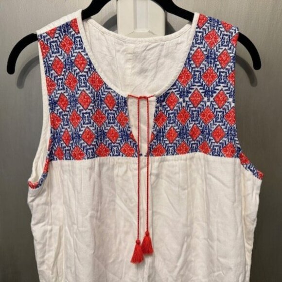 Boho Red, White & Blue Embroidery Sleeveless Linen Peasant Shift Mini dress - Picture 7 of 16